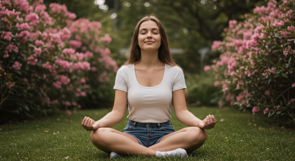 women meditation in the grass